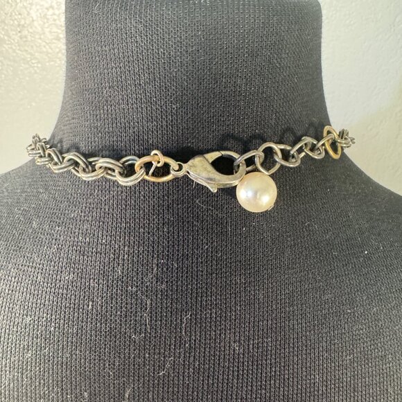 Vintage Silver Tone Chain Necklace Green Pendant & Pearl Accent With Clasp - Picture 5 of 5